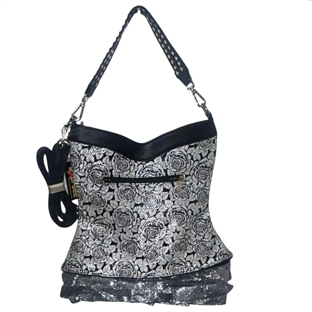 NWT! RHINESTONE EMBELLISHED FLORAL CORSET VEST SHAPED HOBO HANDBAG - SILVER - Picture 2 of 4